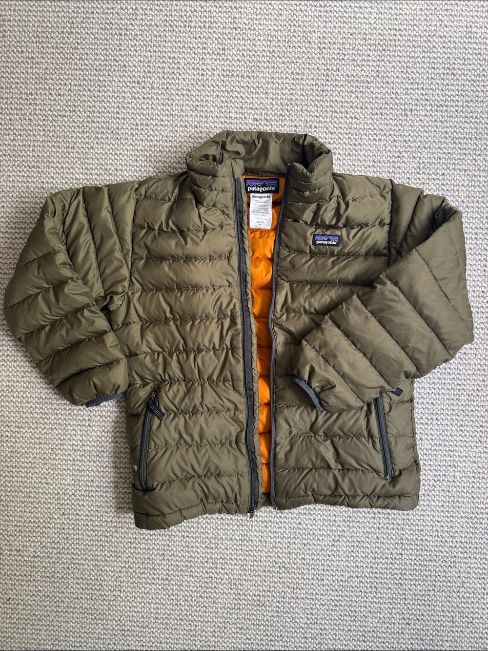 Patagonia Kids Olive Green Puffer Jacket with Orange Lining